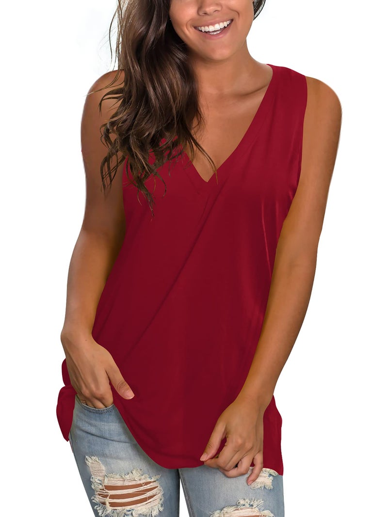 SAMPEEL Tank Tops Tropical for Women Summer Flowy Deep V Neck Sleeveless T Shirts Burgundy XL - Image 1